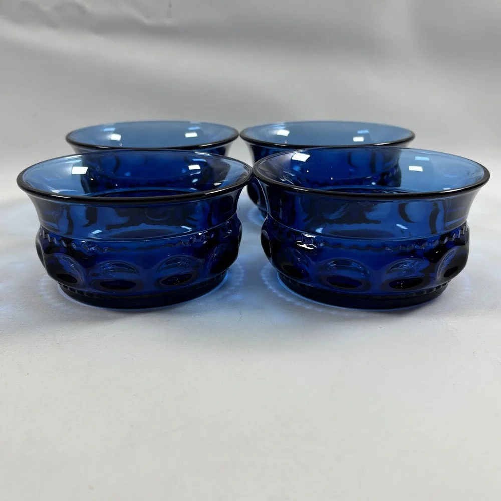 Vintage Indiana Glass Kings Crown Thumbprint Dessert Bowl Set of 4 Cobalt Blue